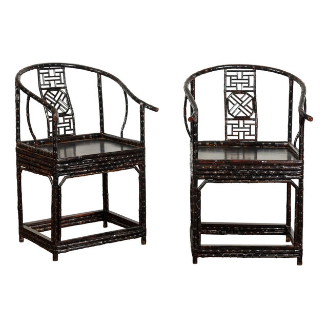 Pair of Chinese Ming Dynasty Style 1920s Horseshoe Back Bamboo Armchairs For Sale