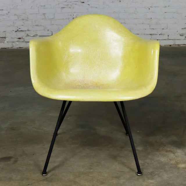 Vintage Mid Century Modern Eames Herman Miller Lax Fiberglass Arm Shell Chair X Base Zenith Rope Edge Yellow For Sale - Image 13 of 13