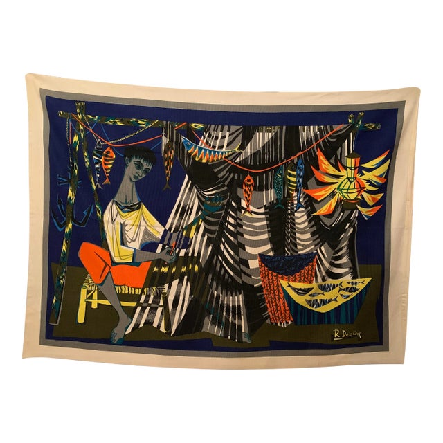 Vintage Mid-Century Robert Debieve “Les Remailleur De Filets” French Modernist Artwork Tapestry For Sale