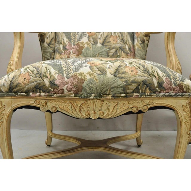 French Mid 20th Century French Country Provincial Louis XV Style Upholstered Wingback Lounge Chairs Pair For Sale - Image 3 of 11