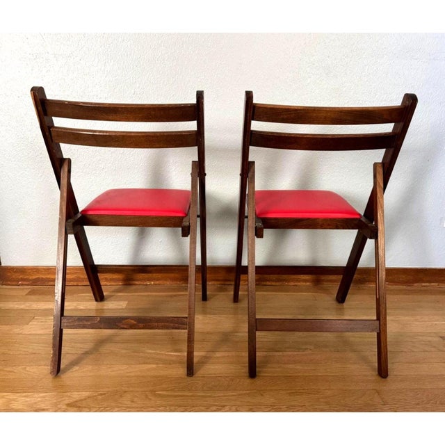 Mid 20th Century Folding Chairs by Nevco Furniture Corp., Red Vinyl & Walnut Finish — Set of 2 For Sale - Image 6 of 11