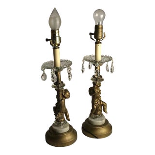 Pair of Vintage Ornate Cast Brass Crystal Pendent Lamps For Sale