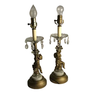 Pair of Vintage Ornate Cast Brass Crystal Pendent Lamps