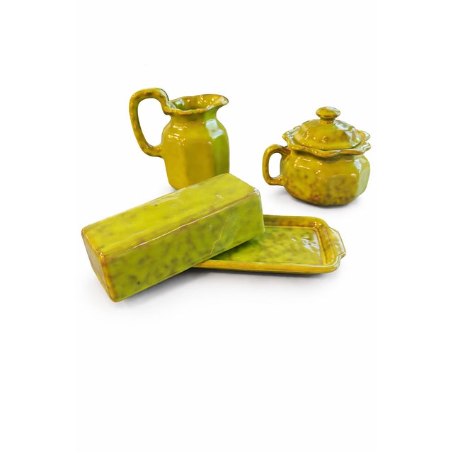 Modern Vintage Italian Chartreuse Glazed Ceramic Coffee & Tea Service – 4 Pieces Including Teapot, Creamer, Sugar & Butter Dish For Sale - Image 3 of 6