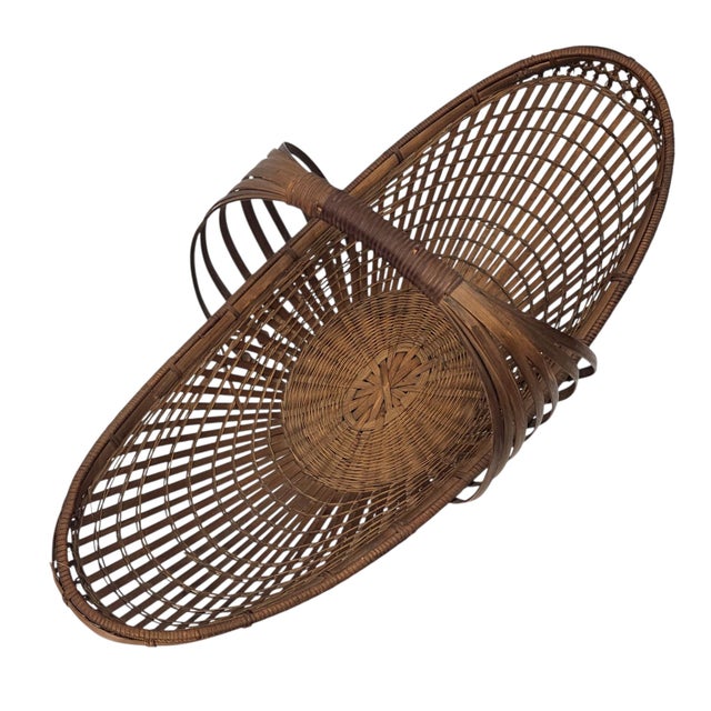 Brown Mid-Century Modern Sculptural Woven Bamboo Canoe Basket 21" For Sale - Image 8 of 11