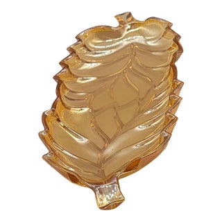 Indiana Glass Amber Carnival Glass Leaf Snack Dish 11" X 4.5" Vintage 1950s-1970 For Sale