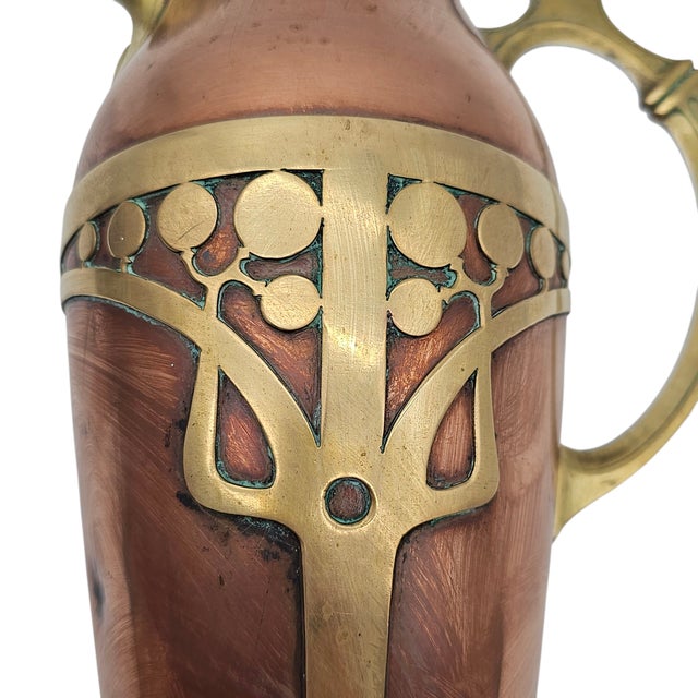 Art Nouveau Jugendstil Copper and Brass Lidded Tankard or Flagon, 13” For Sale - Image 9 of 12