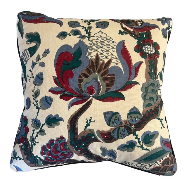 Custom Designer Pillow in a Flora Soames Linen Turkish Corners and Contrasting Welt For Sale