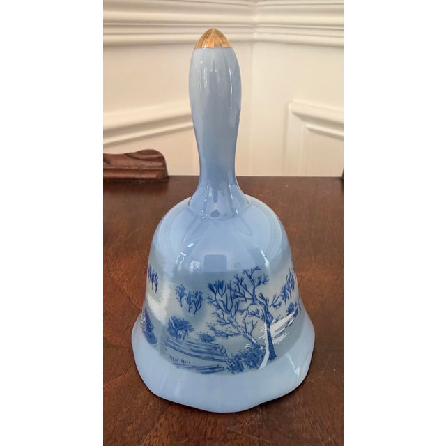 Ceramic Vintage Currier & Ives “Home in the Wilderness” Blue & White Porcelain Bell With Gold Accents For Sale - Image 7 of 11