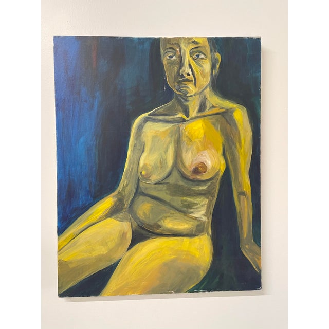 Large Vintage Expressionist Style Nave Blue & Yellow Female Nude Study For Sale - Image 4 of 4