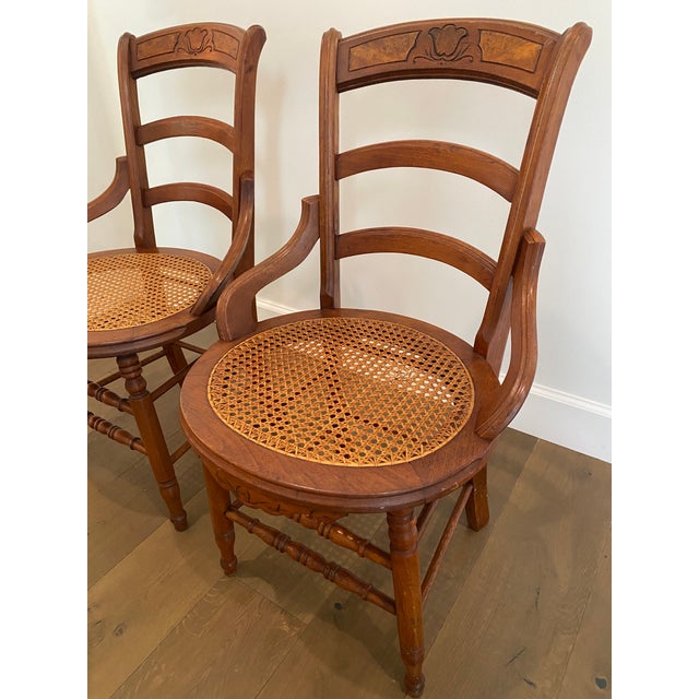 Wood Pair of Late Victorian Early Edwardian Cane Seat Chairs With Carved Tulip Motif For Sale - Image 7 of 17