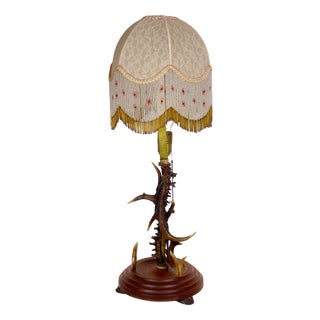 Antique Antler and Beaded Fabric Shade Table Lamp, 1930s/40s, Single Light, 73 Cm High from Unbekannt For Sale
