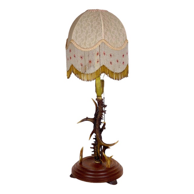 Antique Antler and Beaded Fabric Shade Table Lamp, 1930s/40s, Single Light, 73 Cm High from Unbekannt For Sale