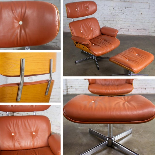 MCM Style Mid to Late 20th Century Plycraft Lounge Chair & Ottoman in Saddle Color Italian Leather For Sale - Image 13 of 18