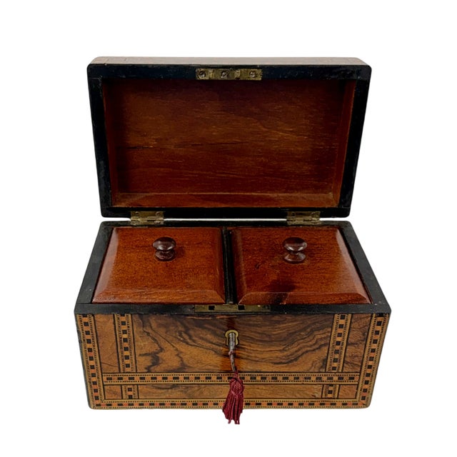 Wood 19th Century Victorian English Burl Walnut Tea Caddy With Tunbridge Ware Inlay For Sale - Image 7 of 10