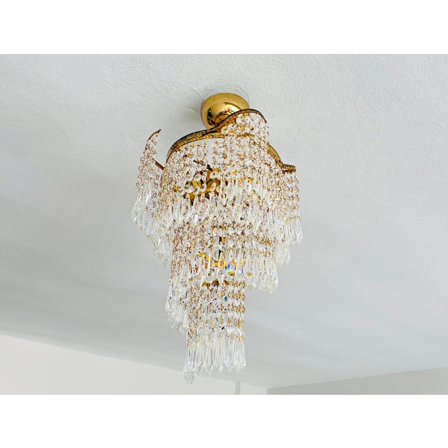 French 1960s French Style Custom Designed Crystal Waterfall Flush Mount Chandelier – 1 Light For Sale - Image 3 of 18