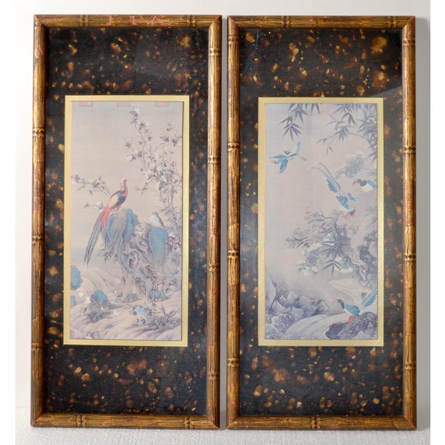 Chinoiserie Mid 20th Century Marked Asian Paintings Chinoiserie Prints Pheasant Scene Gilt Faux Bamboo Custom Framed - Set of 2 For Sale - Image 3 of 12