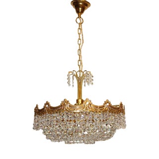 Brass Crystal 24 Karat Gold Plated Five-Light Chandelier, 1970s For Sale