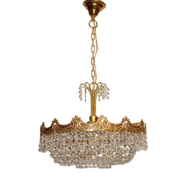 Brass Crystal 24 Karat Gold Plated Five-Light Chandelier, 1970s For Sale