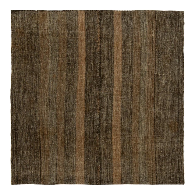 Vintage Square Kilim Rug in Beige-Brown Stripes, Black Striations For Sale