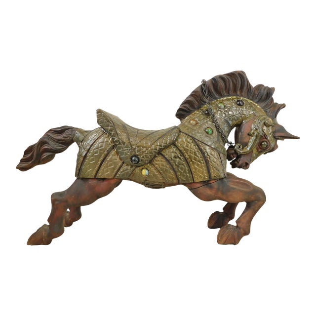 Large Mid Century Elaborate Hand Carved Solid Wood & Brass Jeweled Equestrian Horse Art Sculpture For Sale