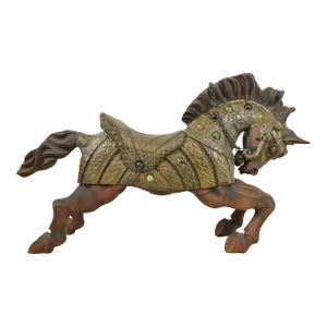 Large Mid Century Elaborate Hand Carved Solid Wood & Brass Jeweled Equestrian Horse Art Sculpture