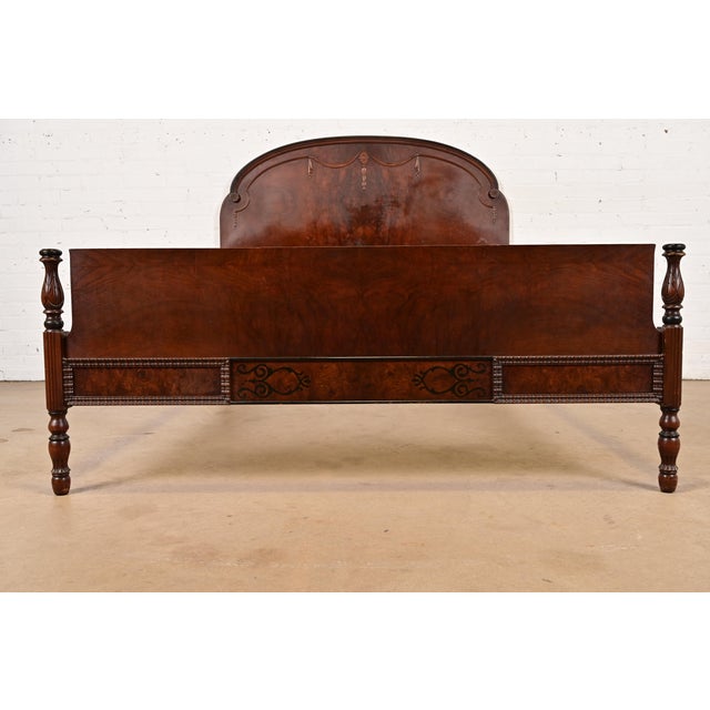 Wood Berkey & Gay Style Antique French Regency Louis XVI Burled Walnut Full Size Bed, Circa 1920s For Sale - Image 7 of 8