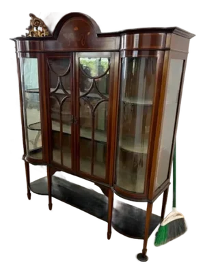 Antique English Mahogany Display Cabinet , Satinwood Inlay.