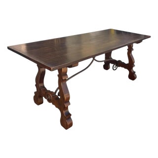 Antique Walnut & Wrought Iron Trestle Table For Sale