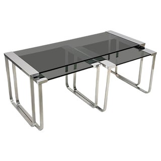 Mid-Century Italian Chromed Metal, Aluminum, Smoked Glass Nesting Tables, 1970s, Set of 3 For Sale