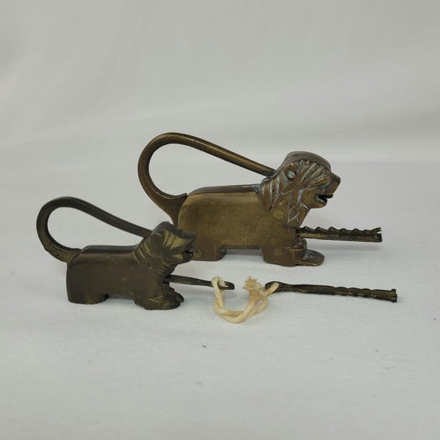Vintage Brass Lion and Dog Puzzle Padlocks With Keys Figural Trick Locks For Sale - Image 11 of 13