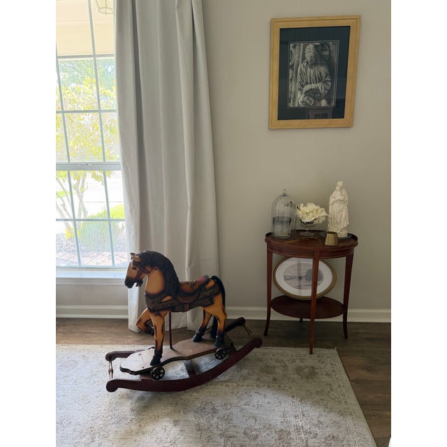 Folk Art Antique Hand-Painted Carved Wood Rocking Horse on Wheels For Sale - Image 3 of 7