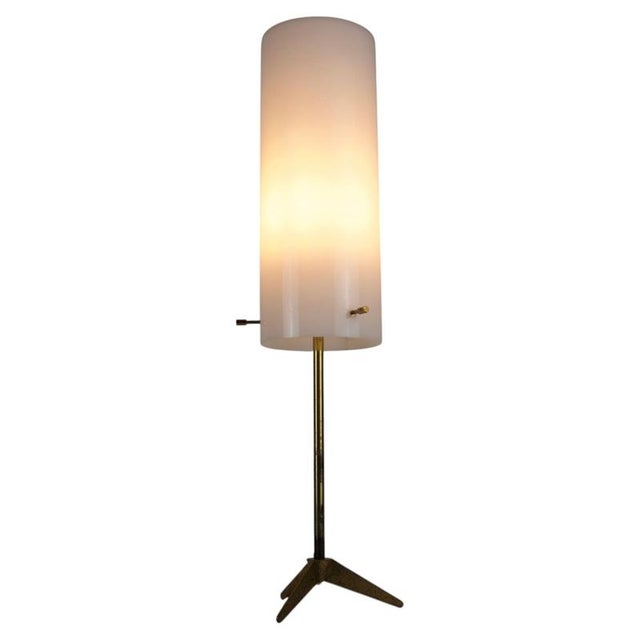 Brass and White Acrylic Glass Tripod Table Lamp, Italy, 1960s For Sale - Image 9 of 9