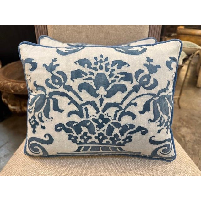 An elegant pair of decorative pillows crafted from authentic Fortuny textiles, produced in Venice, Italy, featuring a...