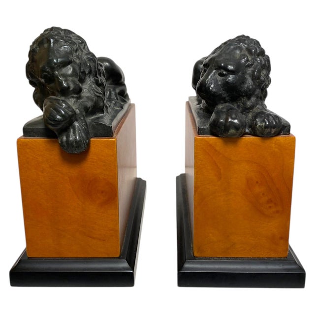 Black Bronze Lion Bookends Antonio Canova Style Cherry Wood Neoclassical Decor Vintage For Sale - Image 8 of 9