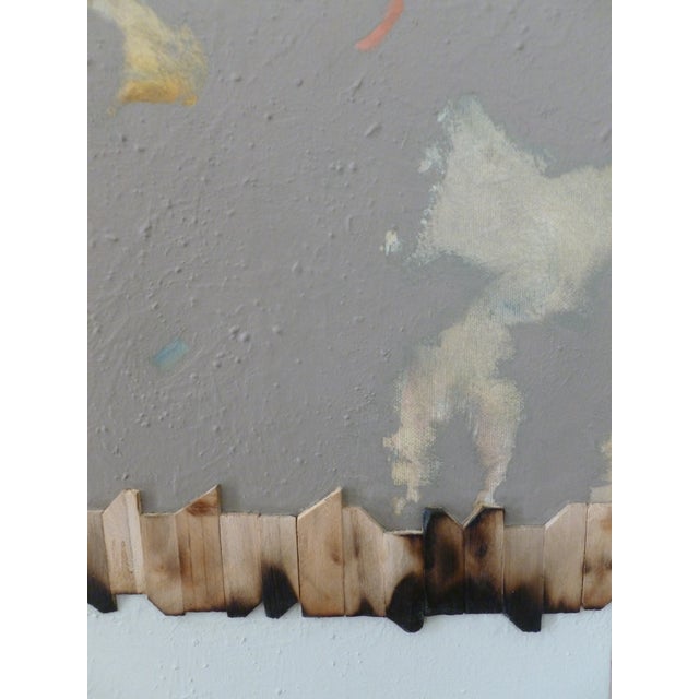 This painting has wood pieces glued on. Original oil and acrylic painting on stretched canvas. Edges are painted red. No...