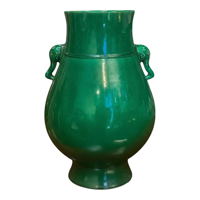 Chinese Export Apple Green Crackle Glaze Elephant Mask Handles Pottery Vase Kangxi Mark For Sale