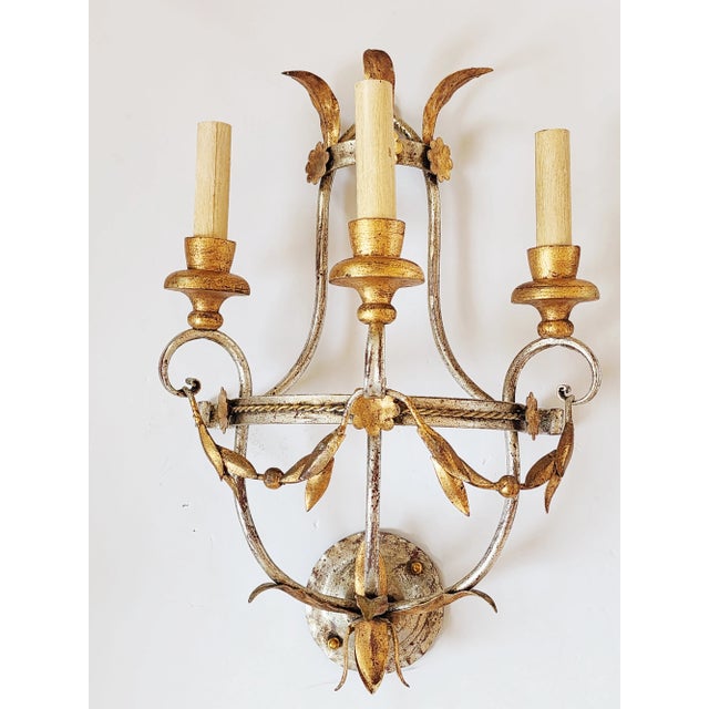 Traditional Regency Style Swag Gilt Iron Wall Sconces - A Pair For Sale - Image 3 of 12