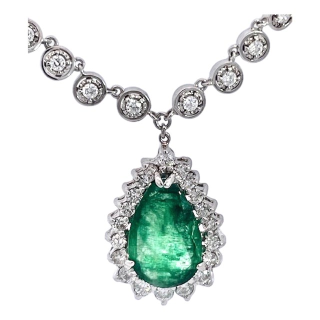 Pear-Shaped Cabochon Emerald & Diamond Halo Pendant Necklace in White Gold For Sale