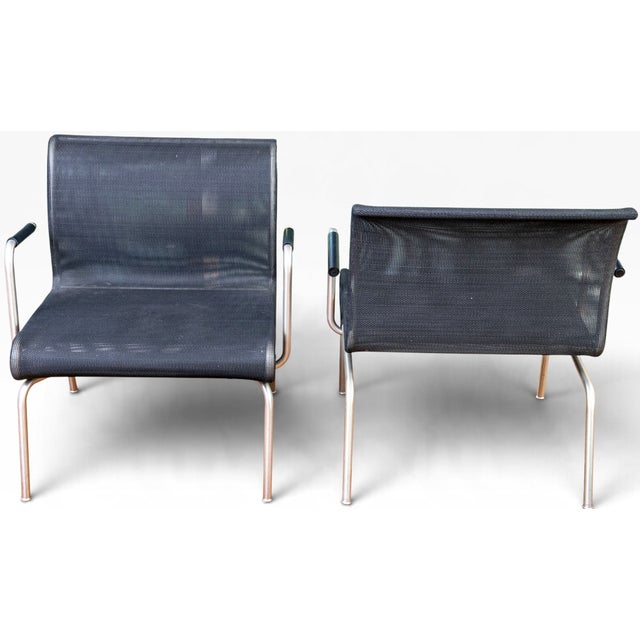 Postmodern Pair of Keilhauer Net Lounge Armchairs by Eoos in Black Mesh and Tubular Steel For Sale - Image 3 of 16