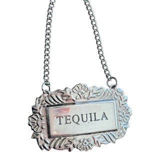 Mid 20th Century Ornate Silver-Tone “Tequila” Decanter Label With Chain - Barware For Sale