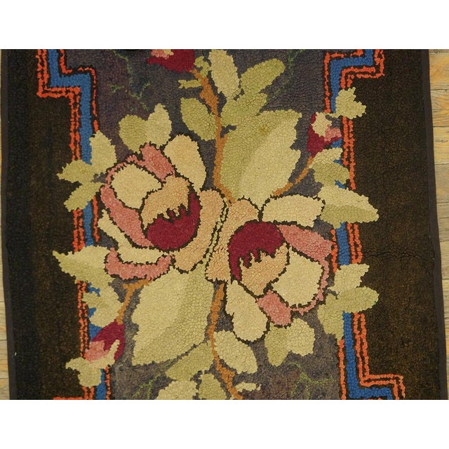 Adorable Brown Background Color Peculiar Flower Geometric Design Antique American Hooked Rug For Sale In New York - Image 6 of 9