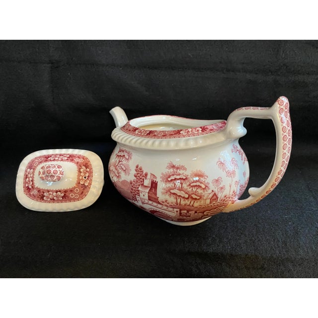 Mid 20th Century Rare Find; Spode “Pink Tower” Design; English Transferware Tea Pot.Charming; Unique Handle Loop-Single Rest & Loop-Kick Shapes. For Sale - Image 5 of 11