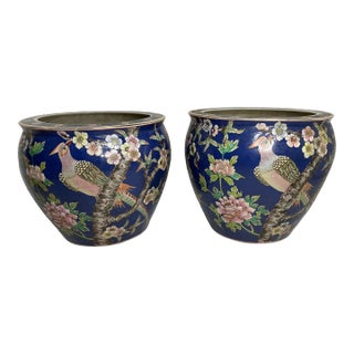 Vintage Chinese Koi Fish Porcelain Jardiniere Blue With Floral Fish Bowl, Pair For Sale