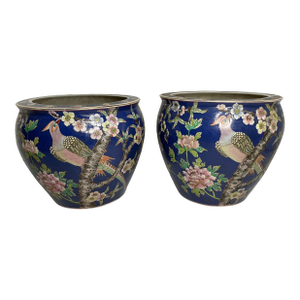 Vintage Chinese Koi Fish Porcelain Jardiniere Blue With Floral Fish Bowl, Pair