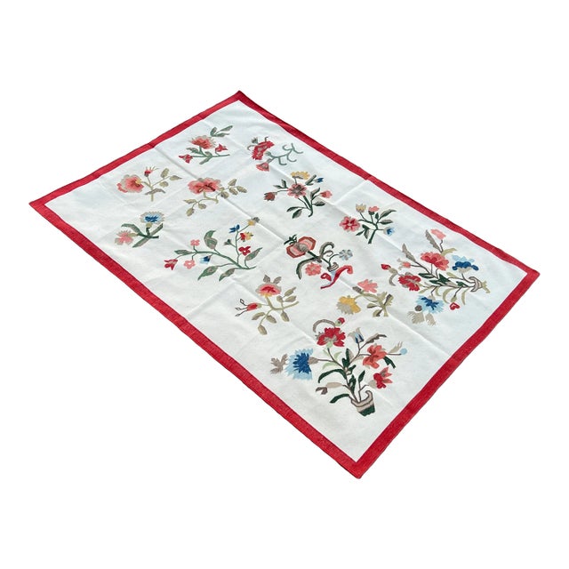 Handmade Cotton Flower Patterned Rug Cream With Blue Green Beige & Red Border -6'x9' For Sale