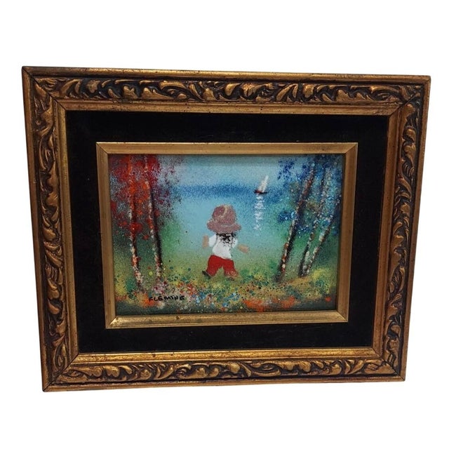 Blue Late 20th Century Fleming Child With Sailboat Painting Enamel on Copper Framed Horizontal For Sale - Image 8 of 8