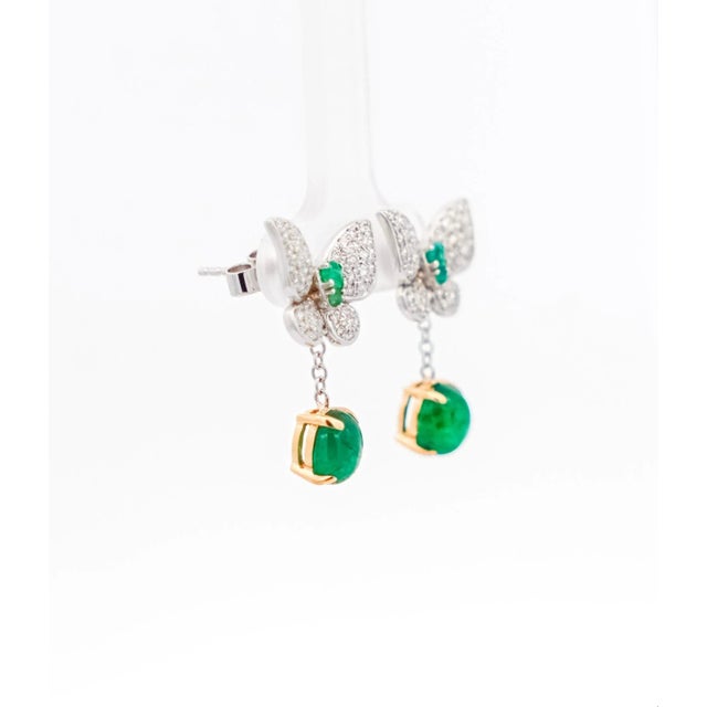 Green 2.5 Carat Cabochon Cut Emerald and Diamond Butterfly Drop Earrings in 18K White For Sale - Image 8 of 8