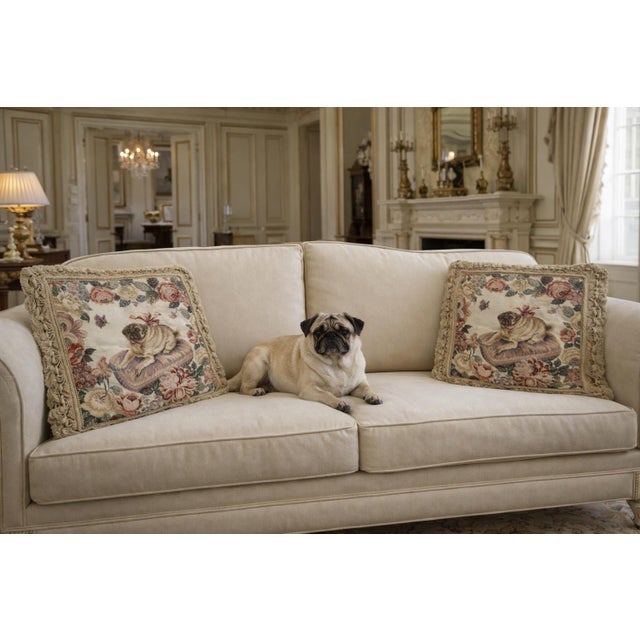French Country Hand Made Needlepoint Pug Dog Pillow Cover #2 With Velvet Back, Tassel Trim & Zip Closure – See Photos! Cottage Core - Match May Still Be Available For Sale - Image 3 of 9