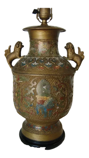Bronze Chinese Cloisonne Table Lamp With Foo Guard Dogs